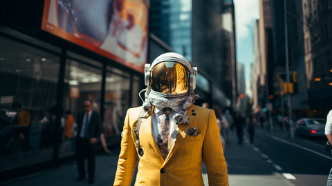 Driving Business | © wob AG Das Bild zeigt einen Astronauten, der einen Astronautenhelm trägt, aber auch ein gelbes Businessjackett und eine Krawatte. Er geht eine belebte Straße in einer Großstadt entlang. | © wob AG