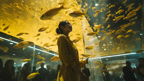 Experience | © wob AG Dieses surreale Bild zeigt Menschen, die sich in einem holographischen Aquarium bewegen. Es sieht aus, als gingen die Menschen im Aquarium herum, während um sie herum gelbe Fische schweben. Im vorderen Zentrum des Bildes steht eine junge Frau in einer gelben Bluse. | © wob AG