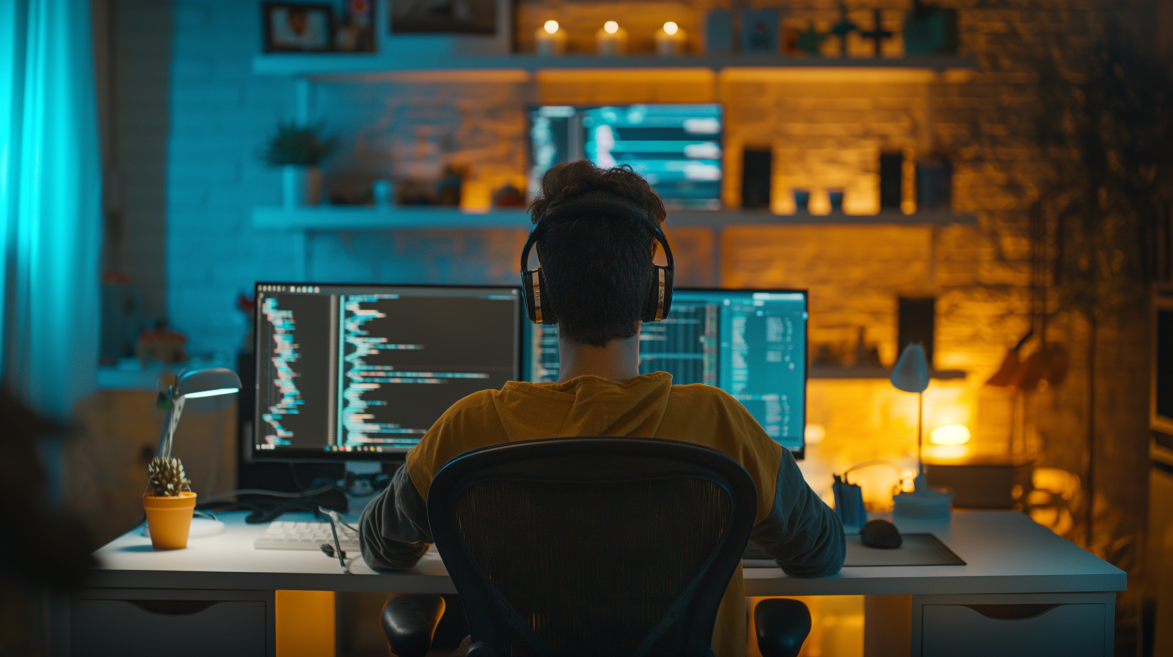 Digital first | © wob AG Das Bild zeigt eine Person von hinten, die an ihrem Rechner sitzt, Kopfhörer trägt und programmiert. Das Setting ist atmosphärisch in Gelb und Blau beleuchtet, im Hintergrund ist ein Regal mit diversen Dekogegenständen. | © wob AG
