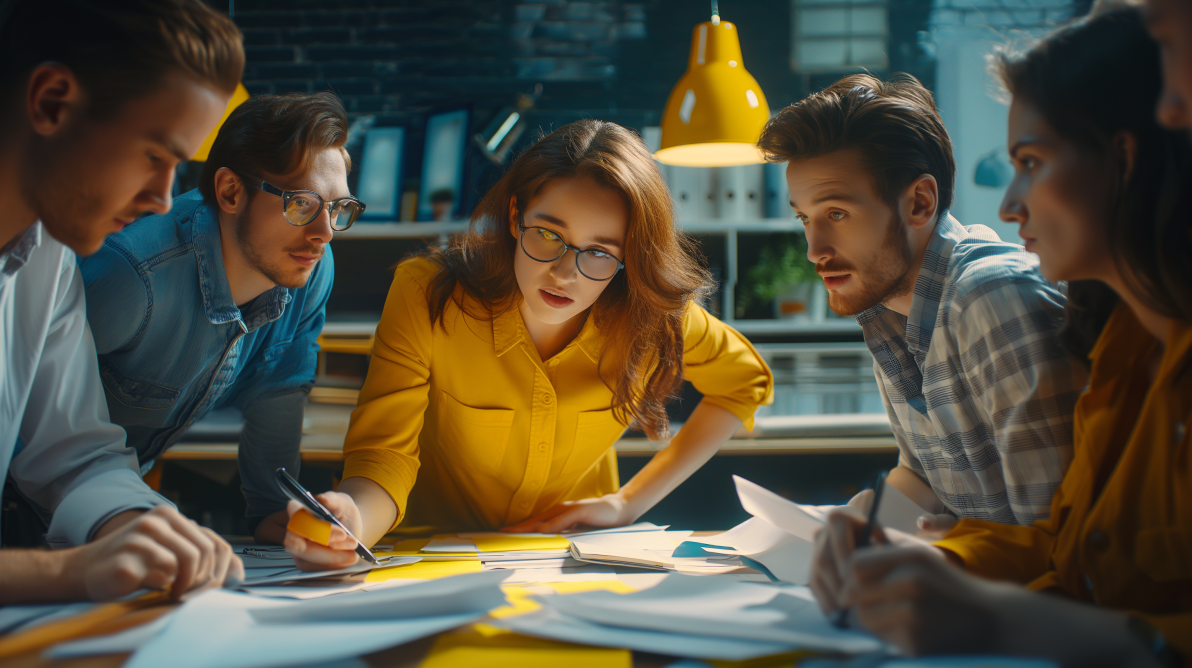Hands-on-Mindset | © wob AG Das Bild zeigt ein hochkonzentriertes Team-Meeting ganz nah. Das Team besteht aus drei Männern und zwei Frauen, alle in ihren Dreißigern. Auf dem Tisch liegen Papiere, über die diskutiert wird. Die Frauen tragen jeweils unterschiedliche gelbe Blusen, die Männer unterschiedliche Hemden in Blautönen. | © wob AG