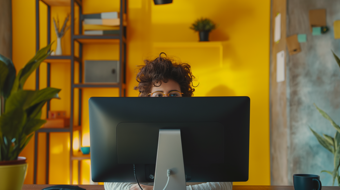 Business Know-How | © wob AG Das Bild zeigt zentriert einen Monitor von hinten, der auf einem Schreibtisch in einem Büro mit einer gelben Wand im Hintergrund steht. Hinter dem Monitor schaut teilweise ein Kopf hervor, man sieht nur die Haare und die Augen. | © wob AG