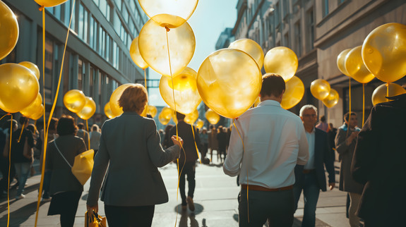 Dieses Bild zeigt eine Straße in einer Großstadt. Die Straße ist voller Geschäftsleute, die man von hinten sieht, wie sie zwischen hohen Gebäuden weg von der Kamera in Richtung des sonnigen Horizontes gehen. Dabei halten Sie die Leinen schwebender, transparent gelber Luftballons, auf denen Zahlen geschrieben stehen. Die Ballons sind durch das Sonnenlicht wie erleuchtet. 