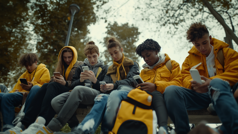 Hub & Spoke | © wob AG Eine Gruppe junger Menschen sitzt auf einer Bank unter freiem Himmel beisammen, jeweils auf das eigene Smartphone starrend. Einige der jungen Menschen tragen gelbe Jacken oder Accessoires. Im Hintergrund sind verschwommen grüne Baumkronen zu sehen. | © wob AG