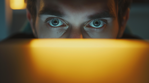 Prompting im B2B | © wob AG Nahaufnahme einer Person, die hinter einem gelben Monitor sitzt und intensiv schaut. Das Licht des Monitors spiegelt sich in ihrem Gesicht wider. | © wob AG