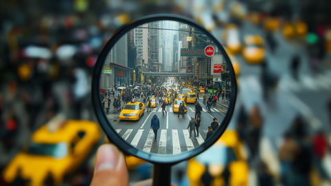 Google AI-Overviews | © wob AG Auf dem Bild ist der Blick durch eine Lupe auf eine volle, lebendige Straße einer Großstadt gerichtet. Zu sehen sind gelbe Autos, gelbe Taxis und Menschen, die auf den Gehwegen und entlang eines Zebrastreifens über die Straße laufen. Durch die Lupe ist das Bild gestochen scharf zu sehen. Um die Lupe herum ist der Hintergrund verschwommen. | © wob AG