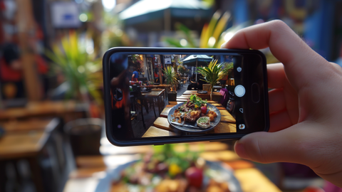 Shareability im B2B | © wob AG Zu sehen ist das Foto eines Smartphones, mit dem gerade ein Essen auf einem Tisch in einem Restaurant fotografiert wird. Das Gericht ist im Smartphonebildschirm gestochen scharf zu sehen. Um das Smartphone herum ist der Hintergrund verschwommen. | © wob AG