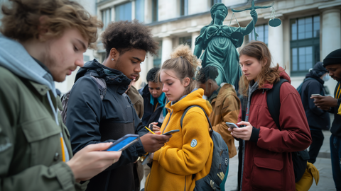 AI-Act | © wob AG Junge Menschen mit Smartphones in der Hand stehen vor einer Justitia-Statue. Symbol für Gerechtigkeit und Rechtsstaatlichkeit. Passend zum farblichen Erscheinungsbild der wob trägt eine junge Frau eine gelbe Jacke. | © wob AG