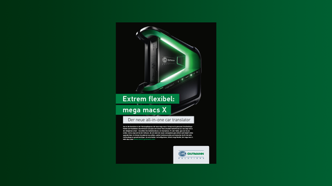 Printanzeige für den mega macs X Dieses Bild zeigt als Beispiel für Kommunikationsmaßnahmen für die Einführung des Produkts mega macs X eine 1/1-Anzeige. Abgebildet ist der schwarze mega macs X mit seinem charakteristischen grünen Designelement auf schwarzem Hintergrund. Die Headline lautet entsprechend der Launch-Positionierung des Produktes „Extrem flexibel: mega macs X“.