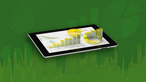 Schmuckbild Case SEO-Strategie Landwirtschaft | © wob AG Zu sehen ist ein Tablet, aus welchem in dreidimensionaler Darstellung verschiedene Kuchen- und Balkendiagramme in die Höhe wachsen. Die Diagramme auf dem Tablet sind in Gelb und Grün gehalten. Der Bildhintergrund hinter dem Tablet ist ebenfalls grün und zeigt zweidimensionale Graphen. | © wob AG
