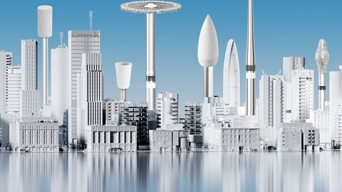 Keyvisual Kampagne Komet Dental Das Bild zeigt eine breite Ansicht einer Großstadt. Allerdings besteht die Stadt nicht aus Gebäuden, sondern aus zahntechnischen Werkzeugen und Instrumenten. Das Bild ist farblich in weiß und hellblau gehalten.