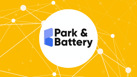 BBN Partner Park& Battery Das Logo von Park & Battery steht in der Mitte auf einem weißen Kreis. Dahinter ist ein gelber Hintergrund mit einem weißen Netzwerk mit Knotenpunkten.